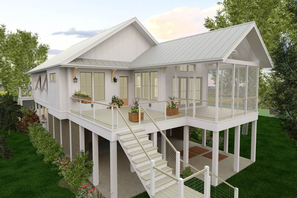 Modern Farmhouse house plan exterior with metal roof, large deck, screened porch, and elevated foundation.