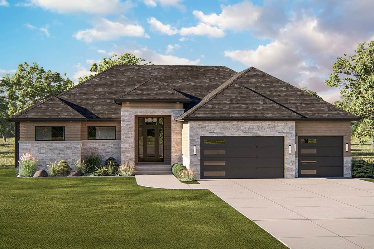 House plan exterior. Modern style, single story home with gabled roof, stone facade, and two-car garage. Features include a covered entry.