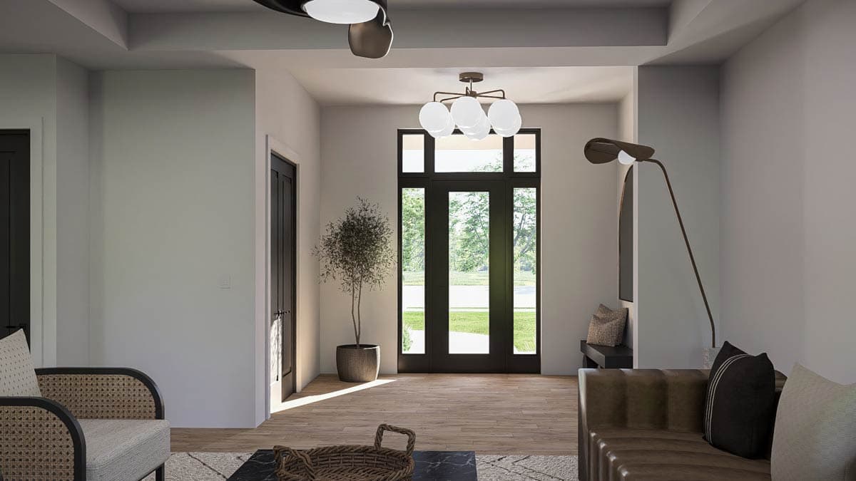 Modern entryway with large glass doors, wood floors, a tall potted tree, and contemporary lighting fixtures.