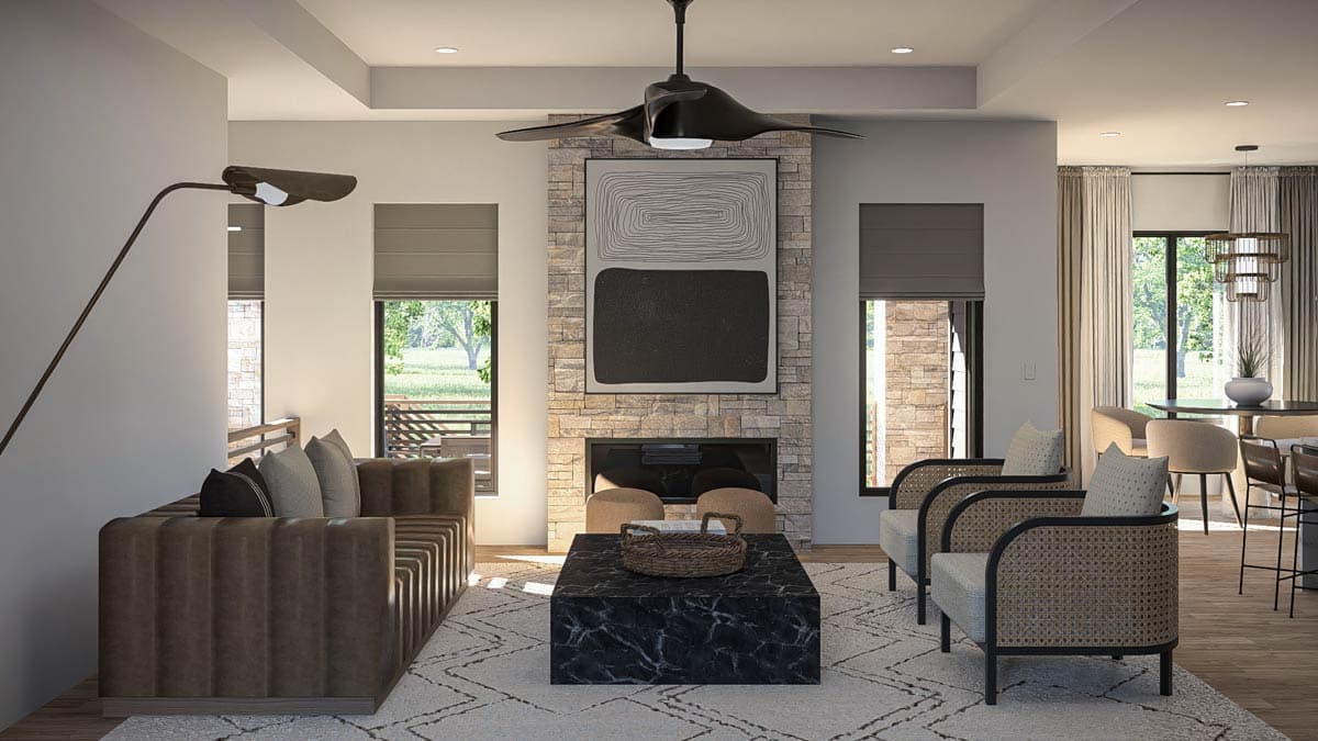 Living room rendering with stone fireplace, modern sectional sofa, two rattan accent chairs, and a marble coffee table.