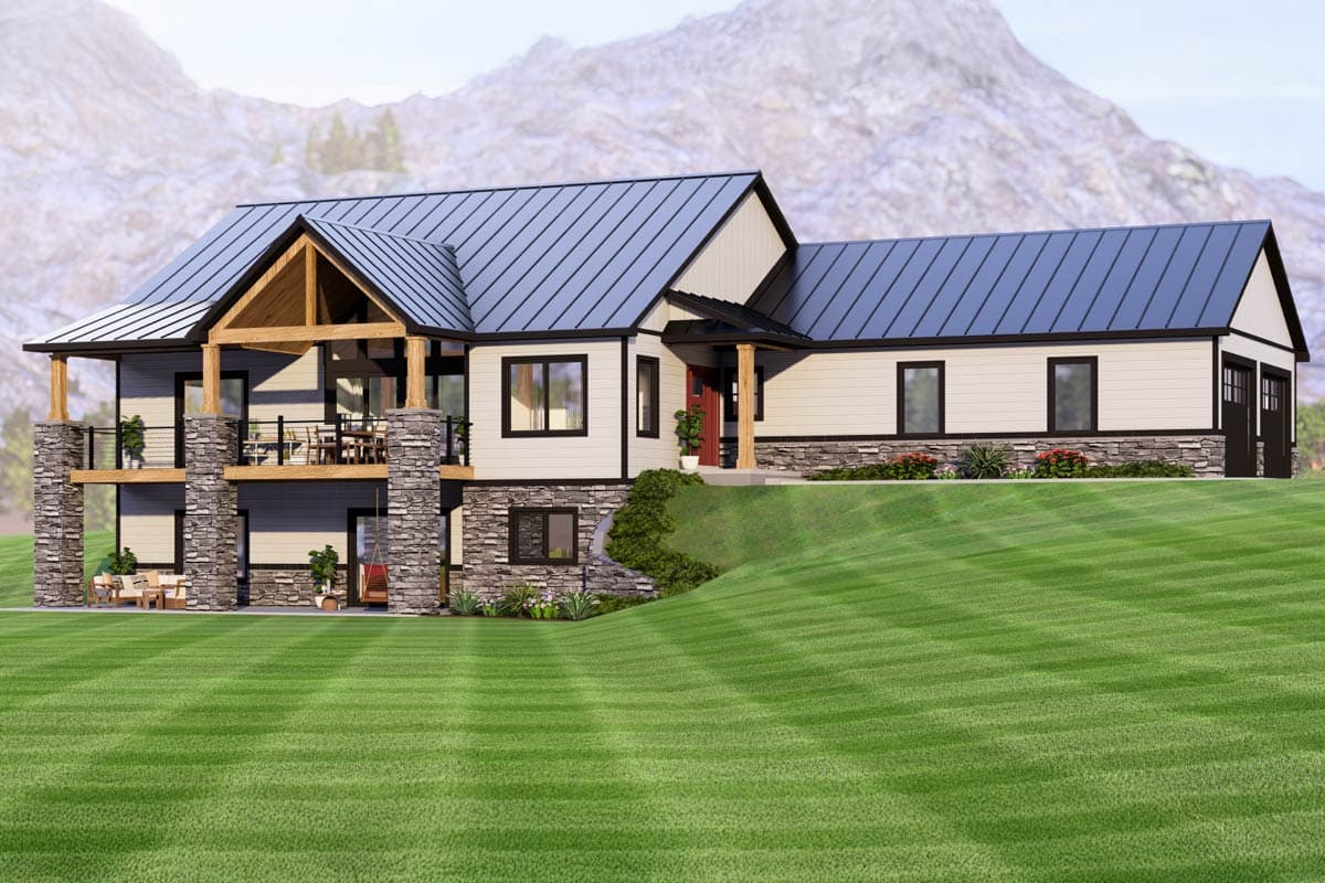 Modern house plan exterior with two stories, metal roof, stone accents, balconies, and a two-car garage.