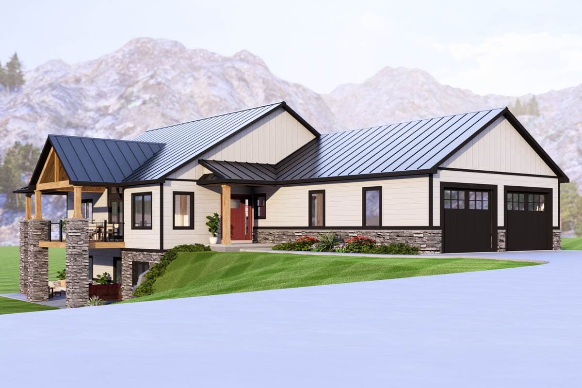 Modern Farmhouse house plan exterior with a two-car garage, covered porch, and stone foundation.