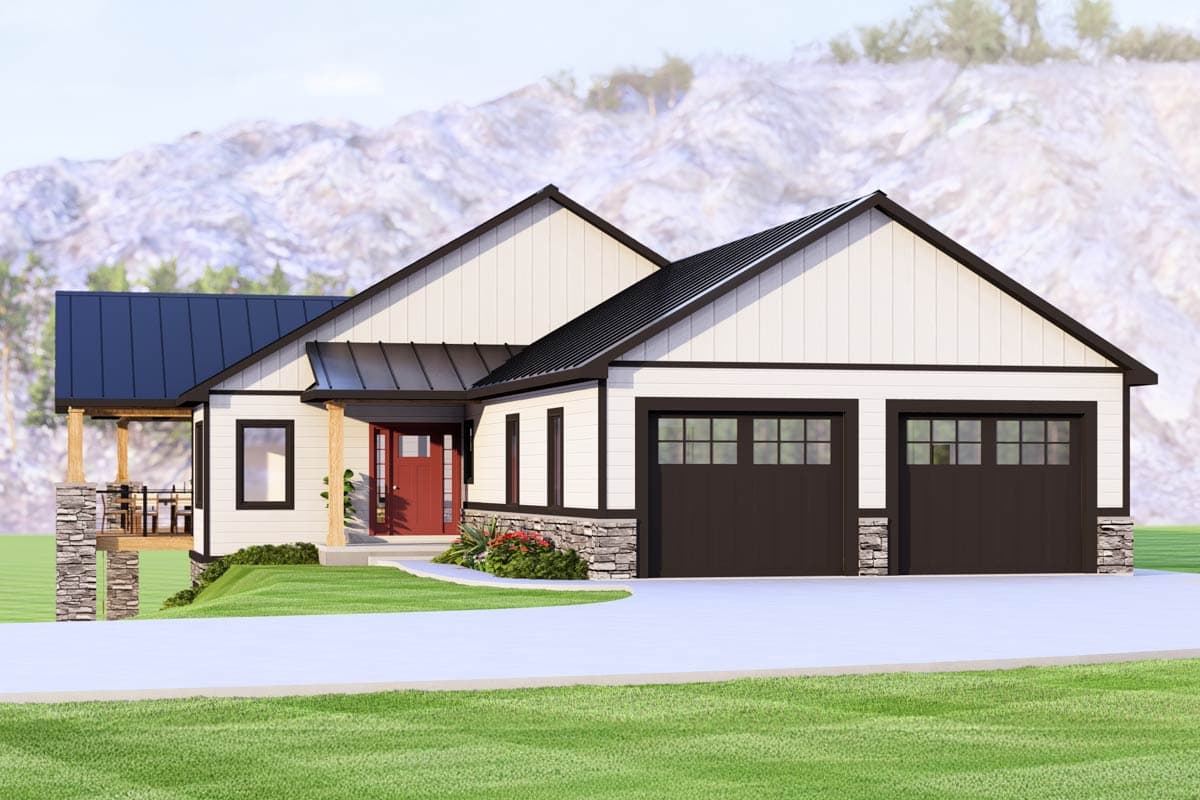 House plan exterior: Modern Farmhouse style, single-story with a covered porch, metal roof, stone accents, and a three-car garage.