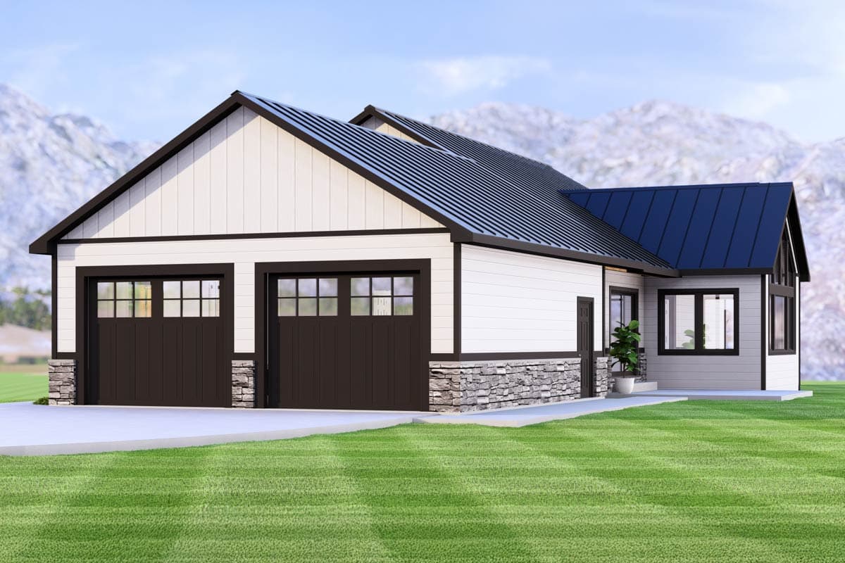 Modern Farmhouse house plan exterior with a two-car garage, board-and-batten siding, stone wainscoting, and metal roof.