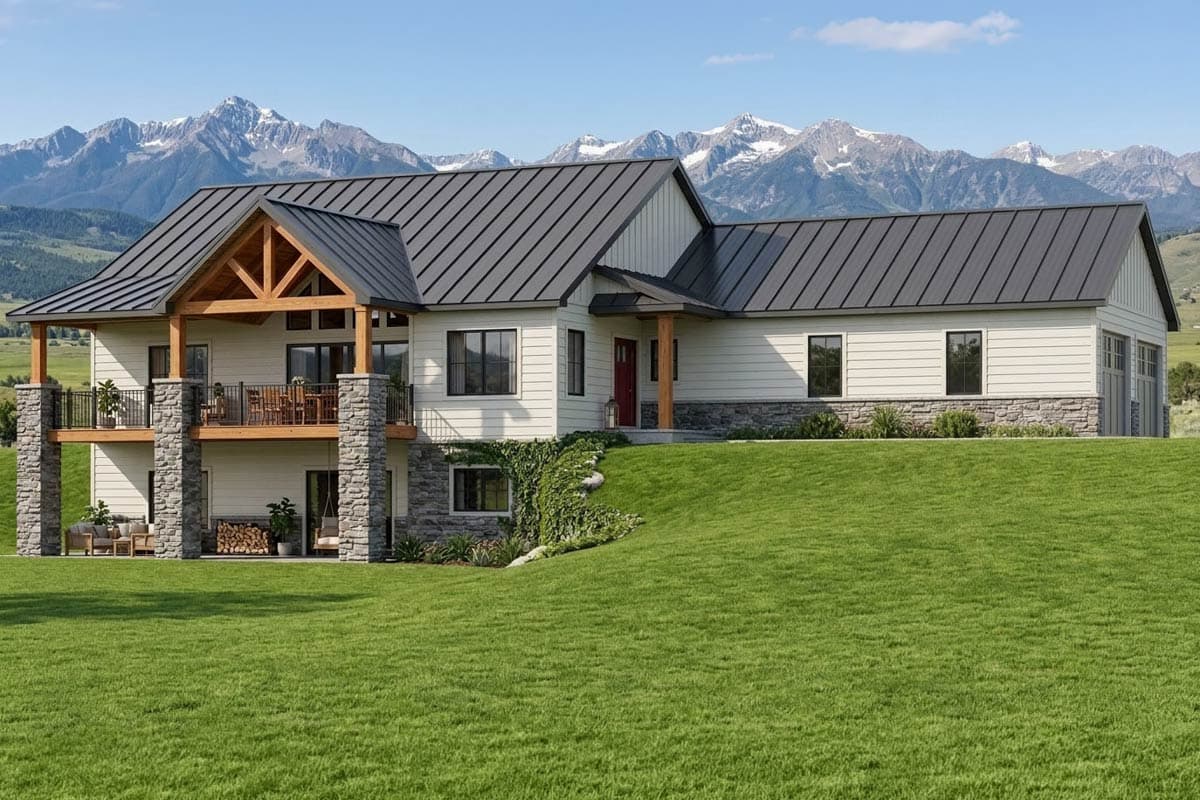 Modern house plan exterior with two stories, metal roof, stone accents, balconies, and a two-car garage.