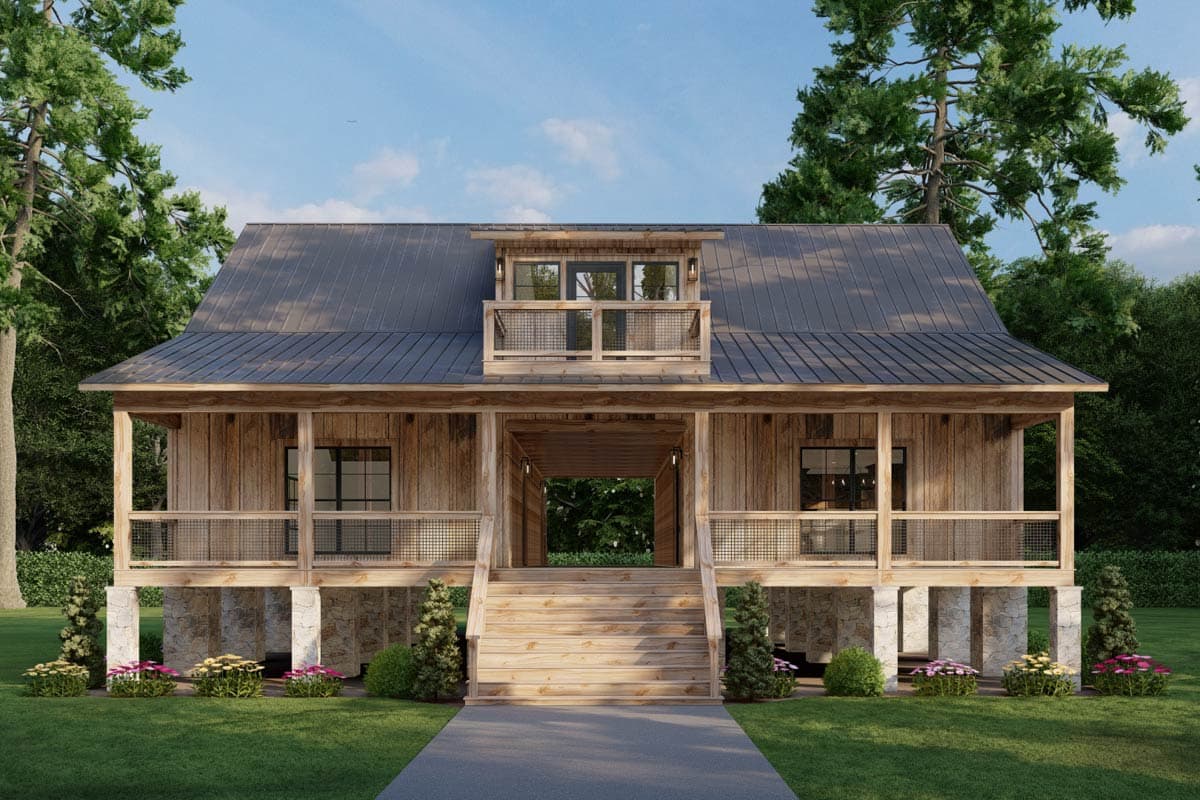 House plan exterior with two stories and a metal roof. Features include a covered porch, dormer, and exposed beams. House has stone pillars.