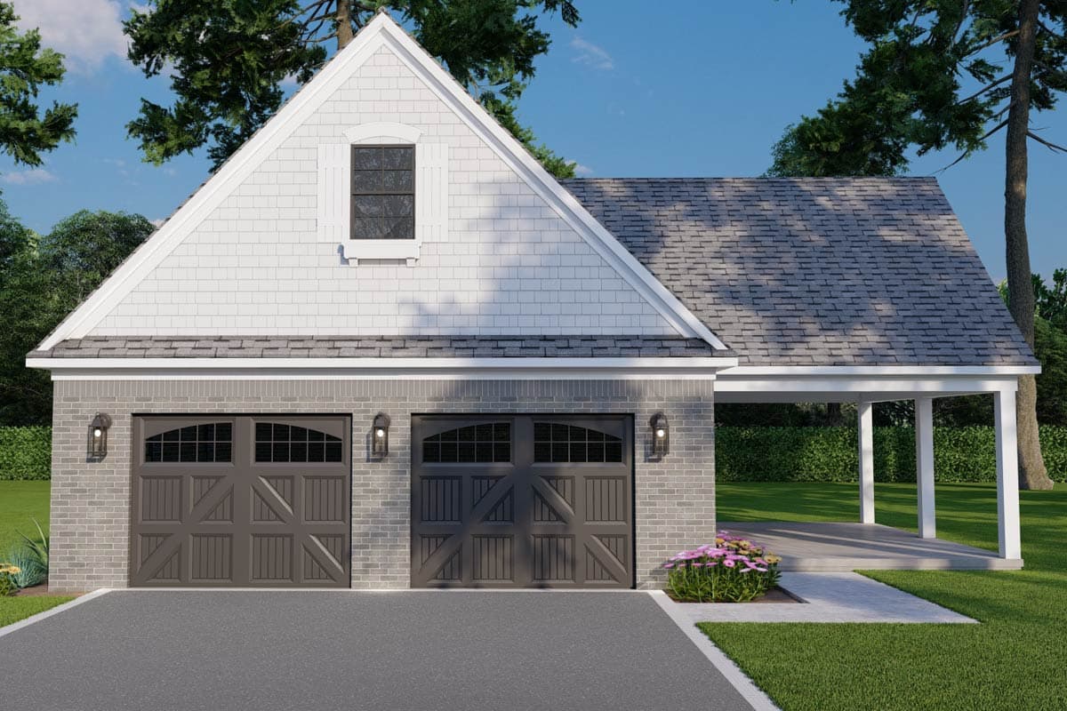 House plan exterior: Two-car garage with side carport, brick base, white shingle siding, and arched dormer window.