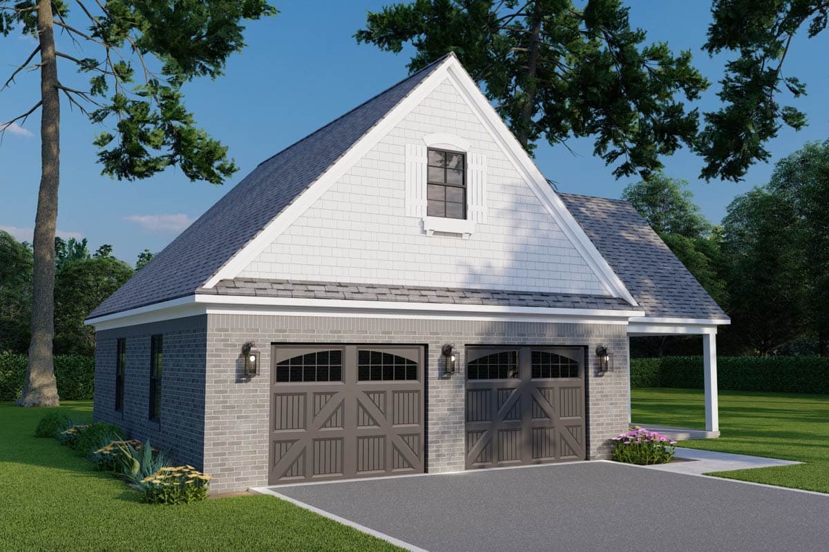 House plan exterior featuring a two-car garage with gabled roof, brick facade, and dormer window. Includes a small covered porch area.