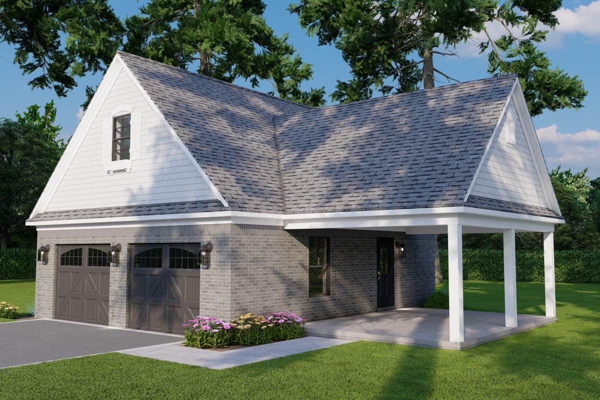 House plan exterior: Two-story Modern Farmhouse with brick base, white shingle gable, dual garage doors, and covered porch.
