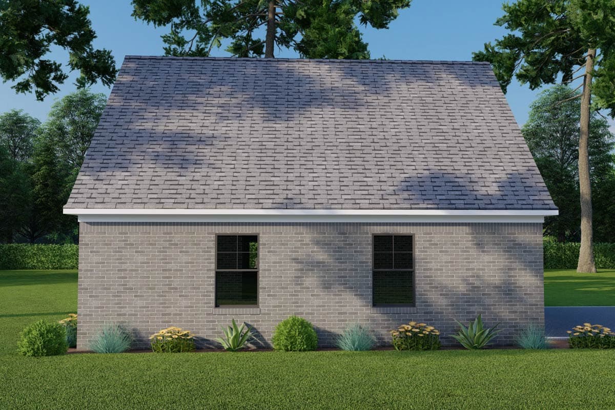House plan exterior with gray brick facade, two windows, and a gable roof.
