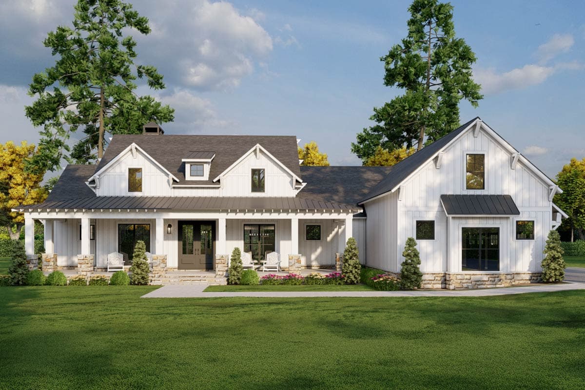 House plan exterior. Two-story Modern Farmhouse with a gabled roof, covered porch with stone columns, and board-and-batten siding.