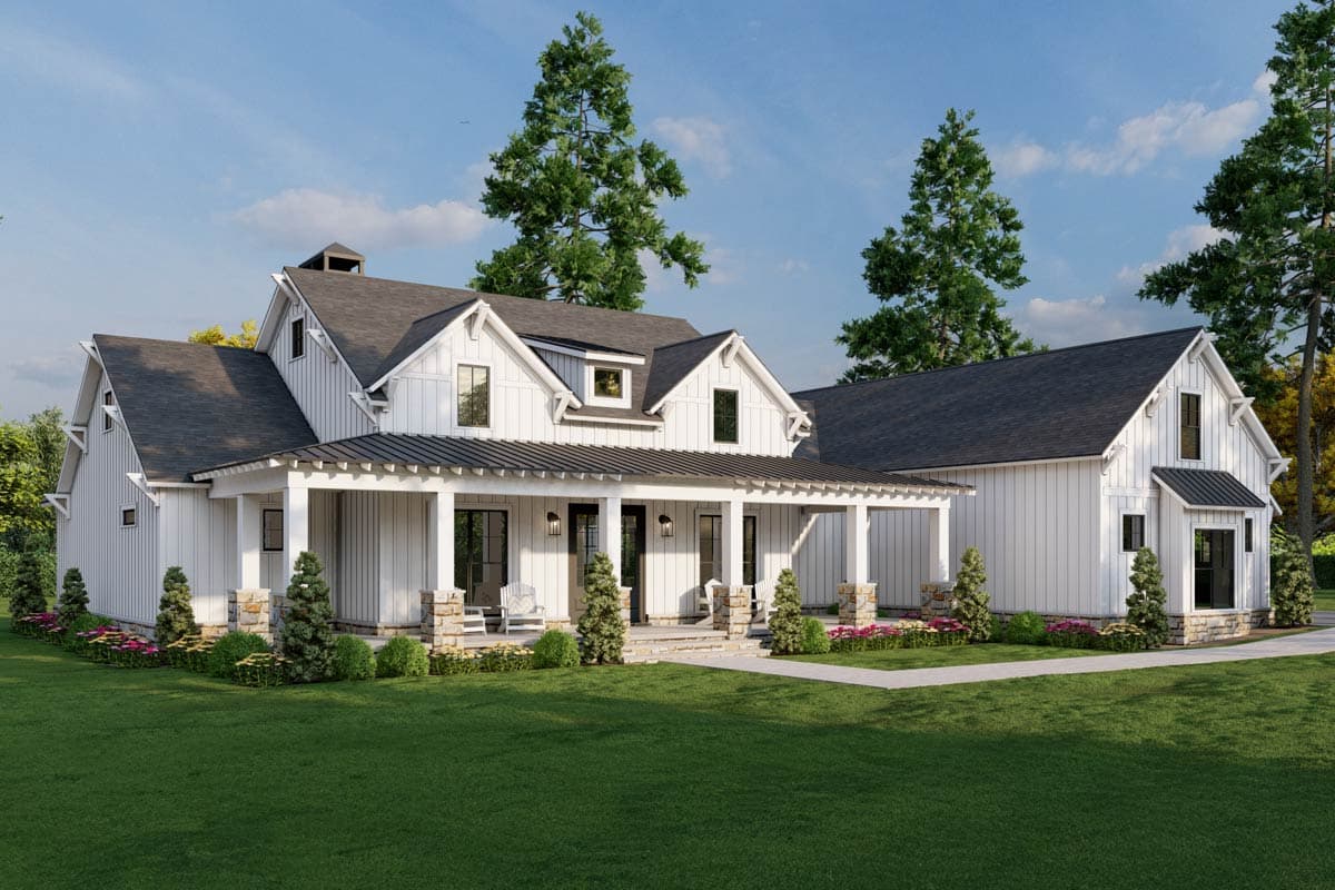Modern farmhouse house plan exterior with a wraparound porch, gables, dormers, and a two-car garage.