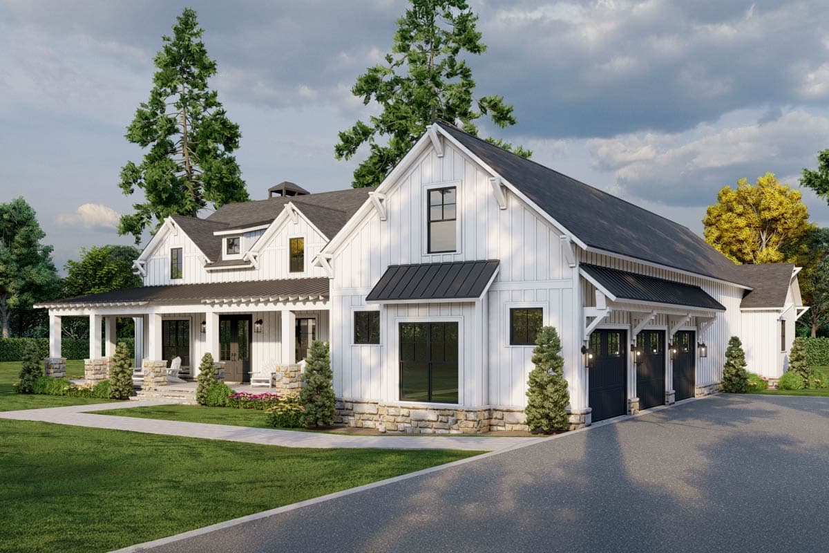 Modern Farmhouse house plan exterior with wrap-around porch, stone accents, multiple gables, and a three-car garage.