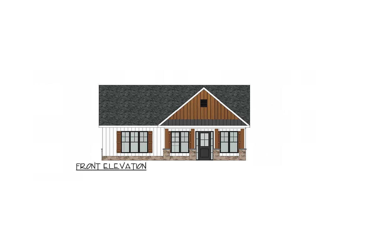 Front elevation drawing of a one-story house with board and batten siding, stone foundation, a gable roof, and a covered front porch.