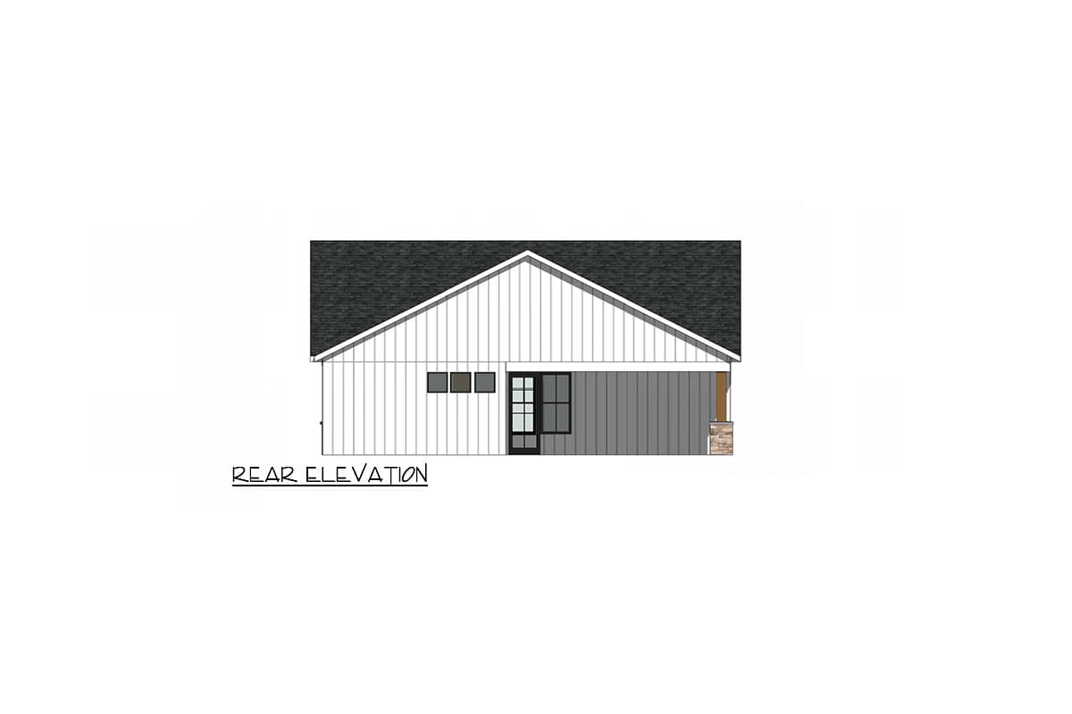 Rear elevation house plan with vertical siding, gable roof, and a double door entry.