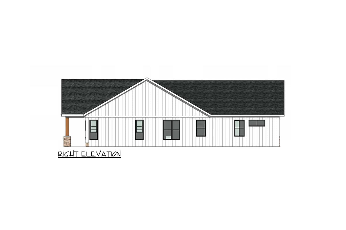 Right elevation house plan: one story, white board and batten siding, gable roof, and a covered porch with stone base.