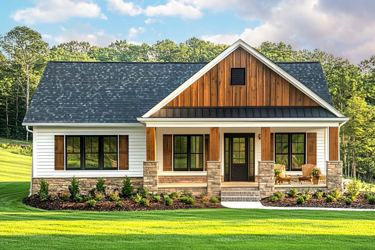 House plan exterior. Craftsman style, one story home with a front porch, gabled roof, and wood accents above the entry and dormer.
