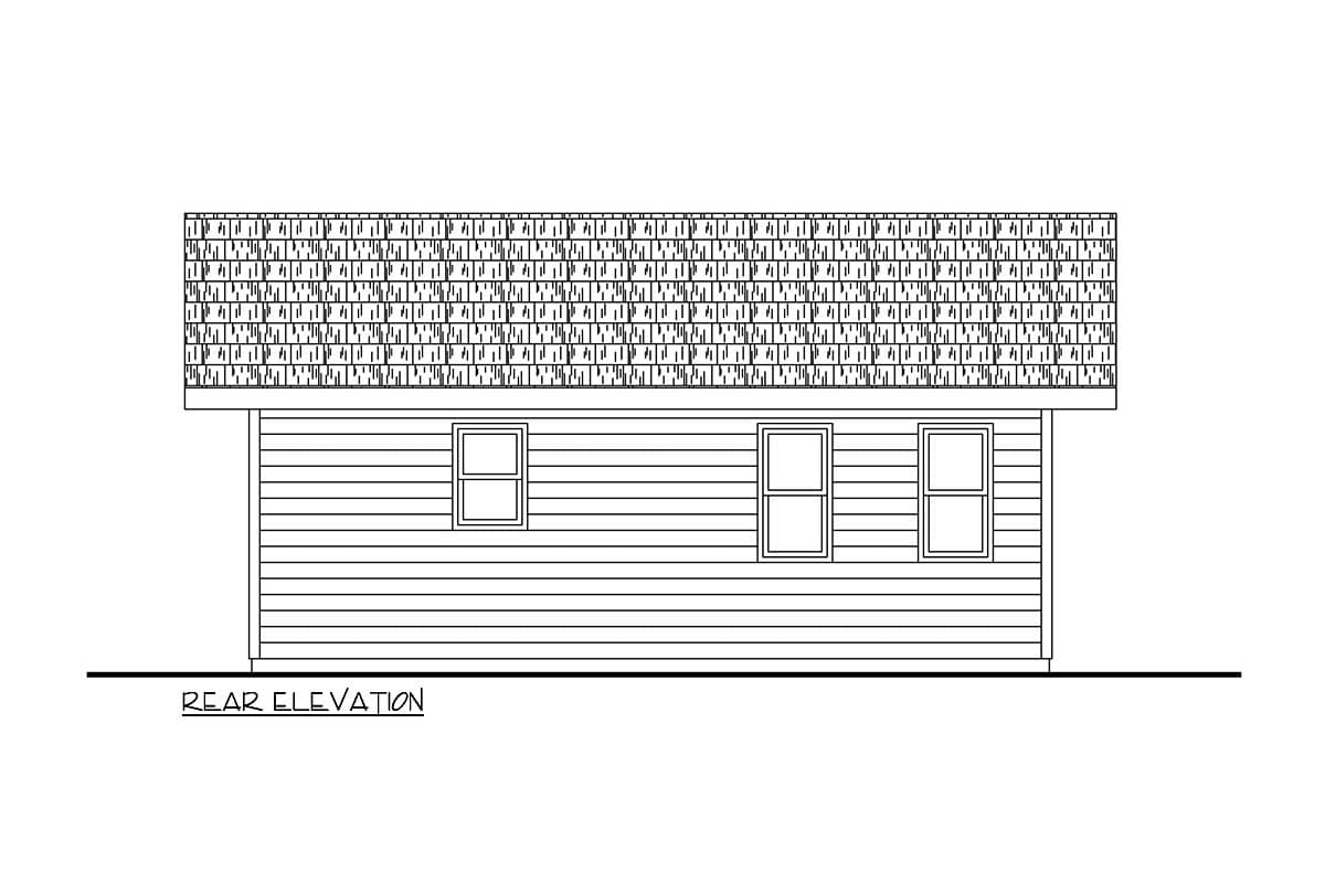 Rear elevation drawing of a house plan with horizontal siding and a gable roof, showing three windows.