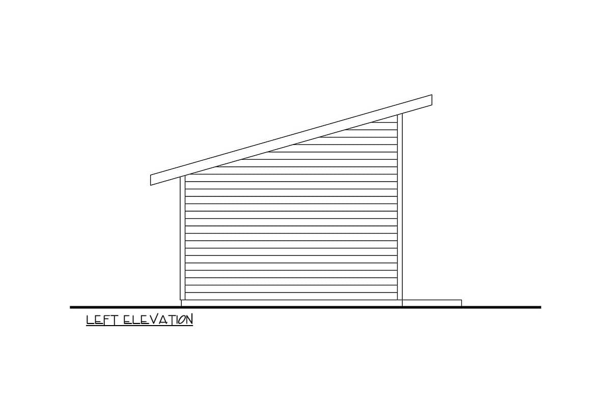 Left elevation drawing of a house plan with a shed roof and horizontal siding.