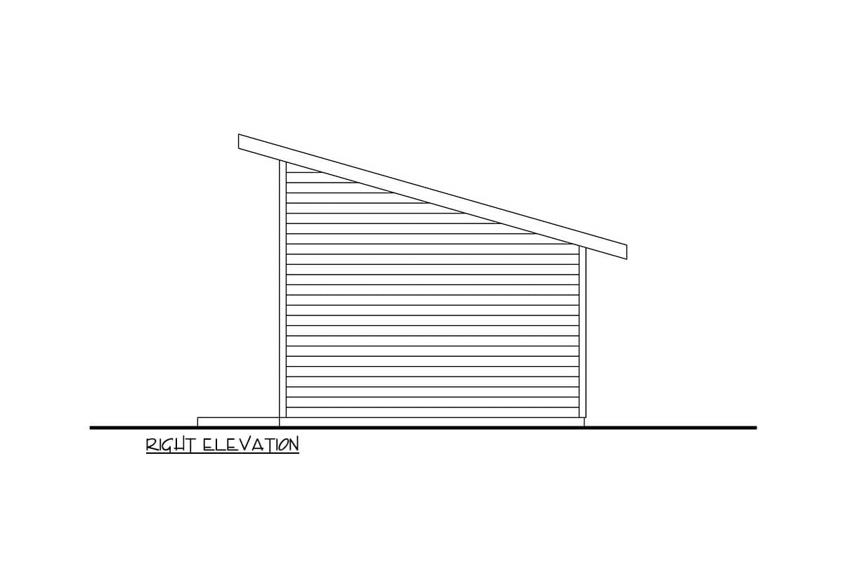 Right elevation drawing of a house plan featuring horizontal siding and a shed roof.