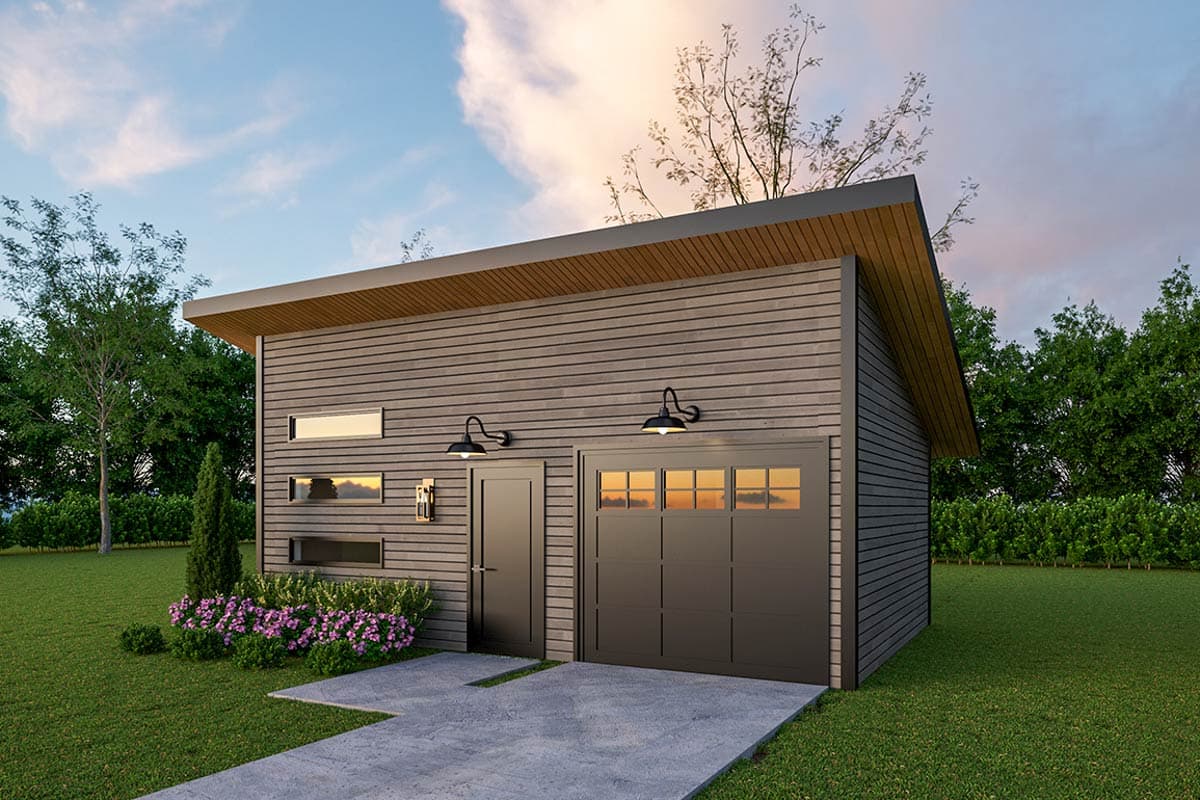 Modern house plan exterior with single-car garage, horizontal siding, shed roof, and sconce lighting. Features a minimalist design.