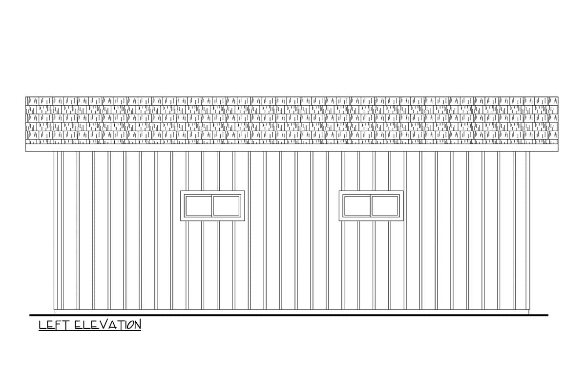 Left elevation drawing of a house with vertical siding, a shingled hip roof, and two horizontal windows.