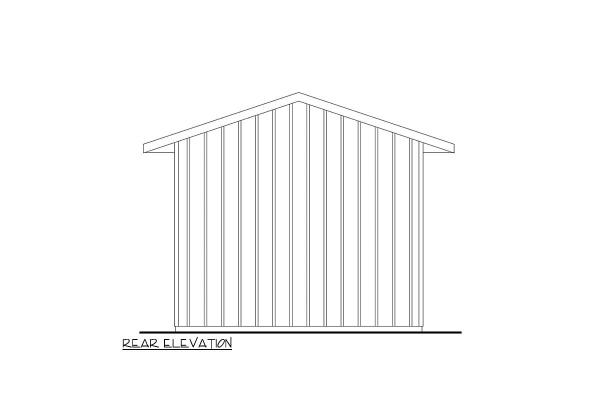 Rear elevation drawing of a simple structure with vertical siding and a gable roof.