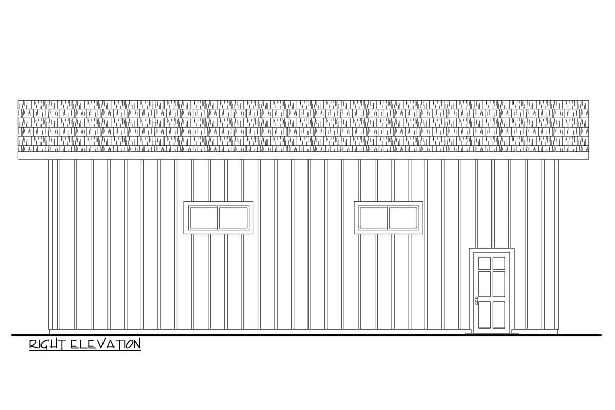 Right elevation drawing of a house plan showing vertical siding, two horizontal windows, and one door.