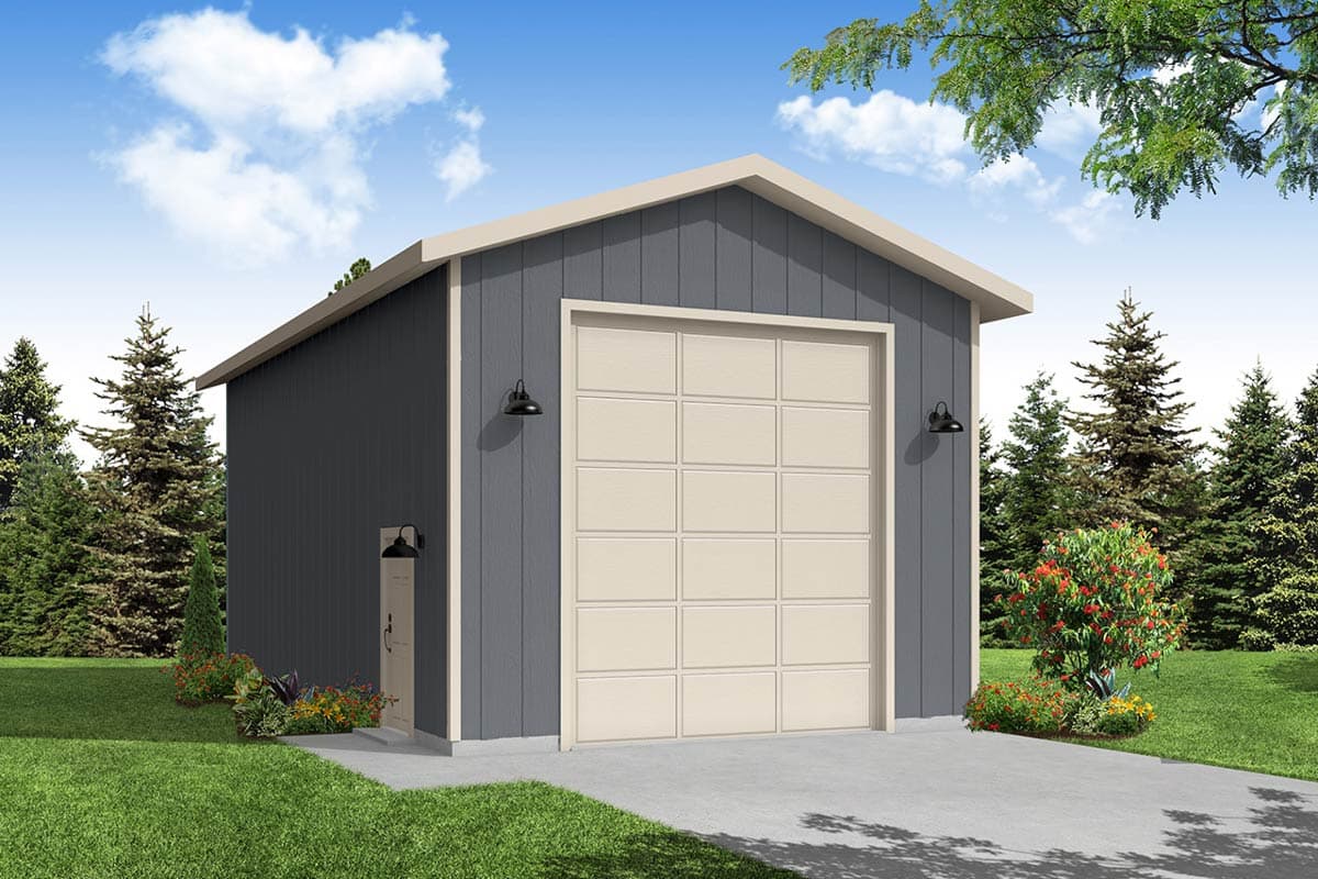 House plan exterior. One-story garage with gable roof and flush garage door. Includes exterior lighting and a concrete driveway.
