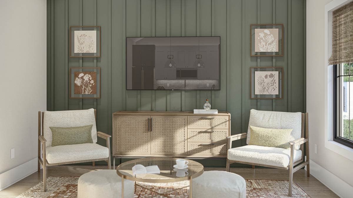Living room rendering with paneled green wall, TV, rattan console, two chairs, ottoman, and botanical art.