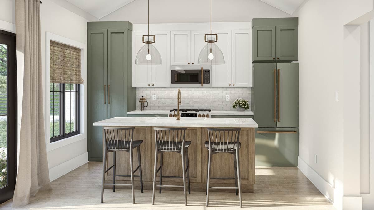 Kitchen rendering with island, white subway tile backsplash, two-tone cabinetry, and pendant lighting.