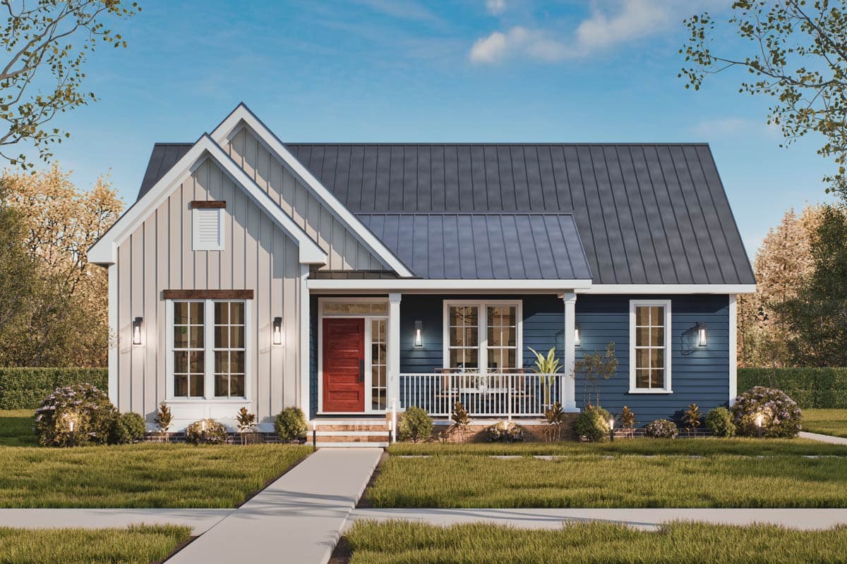 House plan exterior. Two-story, farmhouse-style home with gabled roof, front porch, and vertical siding. Features a dark metal roof.