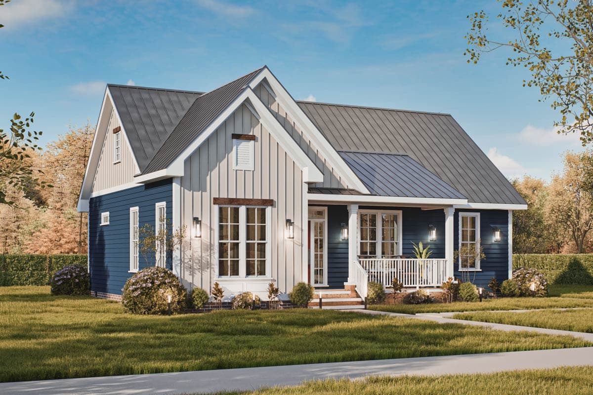 House plan exterior rendering of a one-story Modern Farmhouse with a wraparound porch, metal roof, and board-and-batten siding.