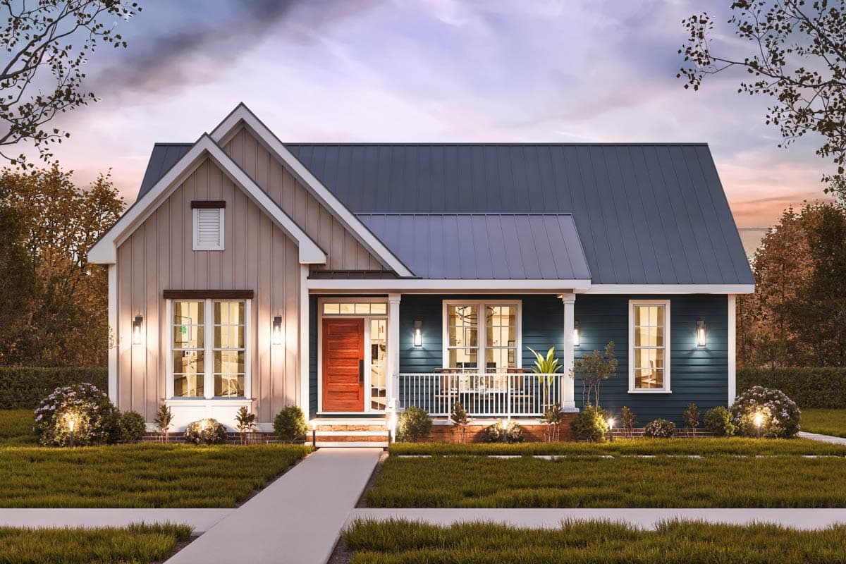 Modern Farmhouse style house plan exterior, one story, with gable dormer, metal roof, and covered front porch.