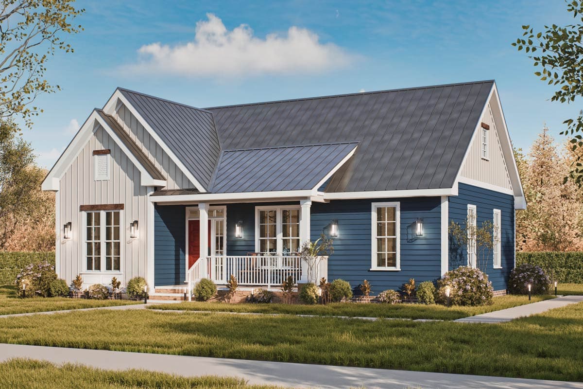 Modern Farmhouse house plan exterior. One story with a gabled roof, front porch, board and batten siding, and metal roof.