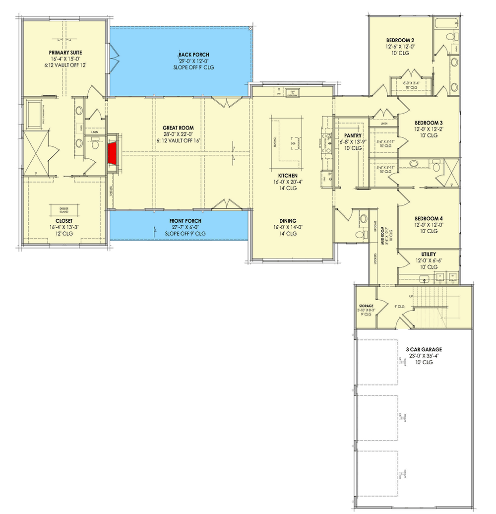 Plan 818161JSS: 4-Bed Scandinavian Farmhouse Plan with Unfinished Bonus Room - 3434 Sq Ft - Floor Plan - Main Level - Farmhouse, New American, Scandinavian