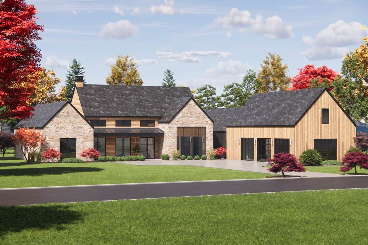 House plan exterior featuring stone and wood siding, gable rooflines, a covered entryway, and a three-car garage.