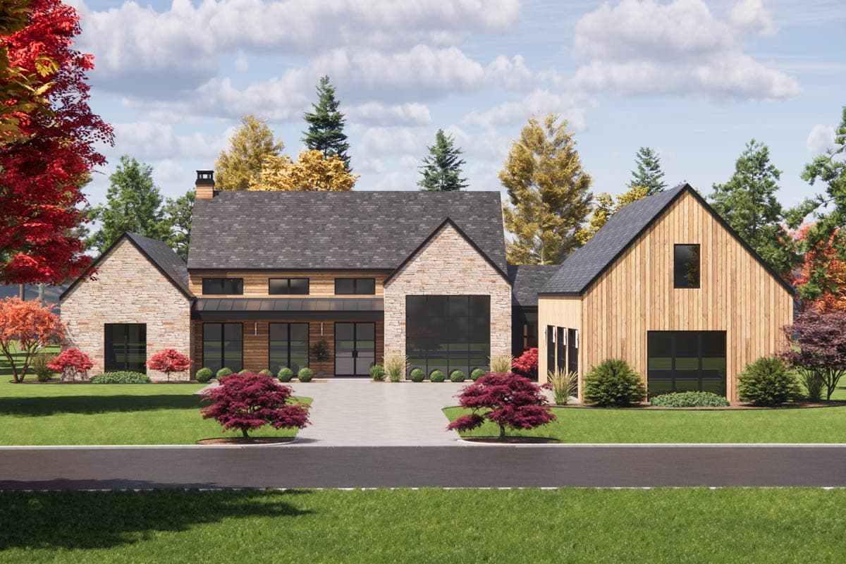House plan exterior. Modern farmhouse style with a two-car garage, multiple gables, and a mix of stone and wood siding. Stone chimney visible.