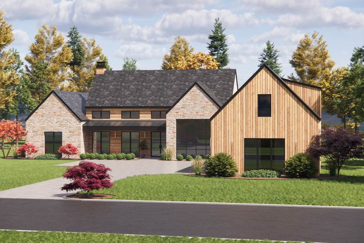 House plan exterior: Modern design with stone and wood siding, gabled rooflines, large windows, and attached garage.