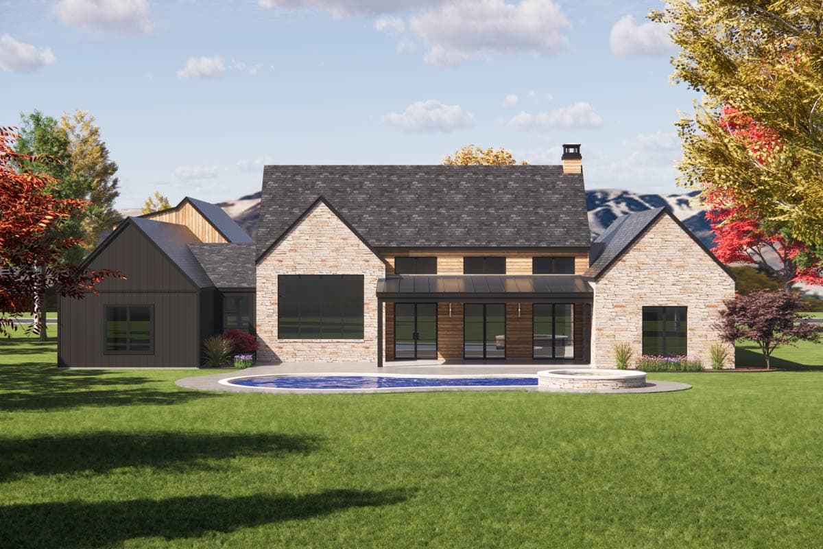 House plan exterior with stone and wood siding, multiple gables, a covered patio, and a curved pool.