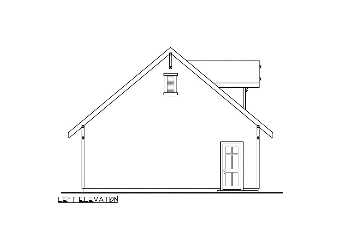 Left elevation drawing of a house plan showing a gable roof, dormer window, and front door.