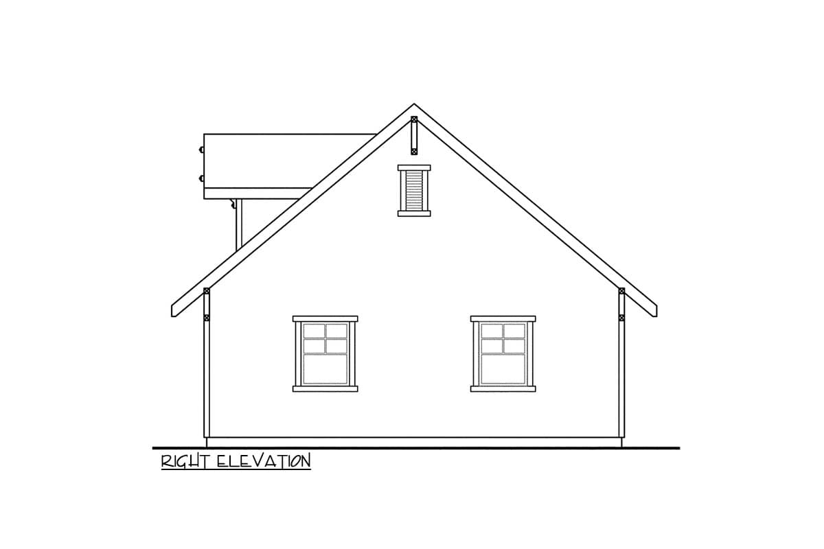 Right elevation house plan drawing showing a gabled roof, dormer, and two windows.