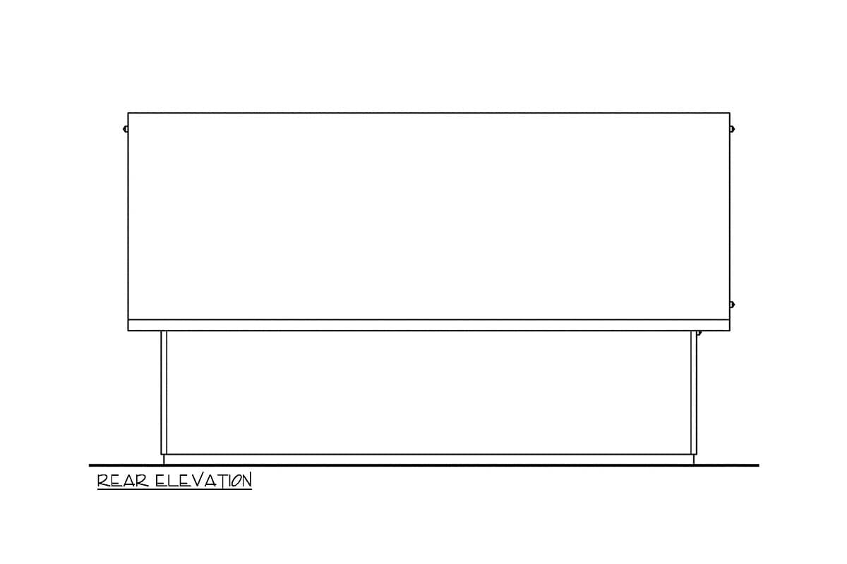 Rear elevation drawing of a house plan showing a simple rectangular form and a lower rectangular section.