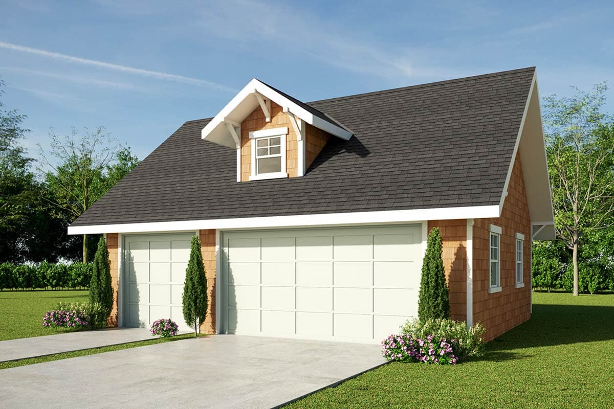 House plan exterior. Two-story structure with gabled roof, dormer, and cedar shake siding. Features two-car garage with overhead doors.