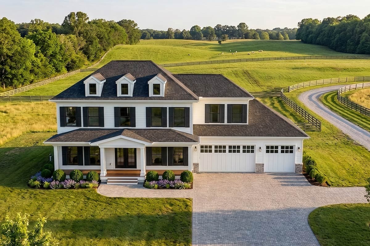 Modern Farmhouse exterior with three dormers, covered porch, and a three-car garage. Two stories with a symmetrical facade.
