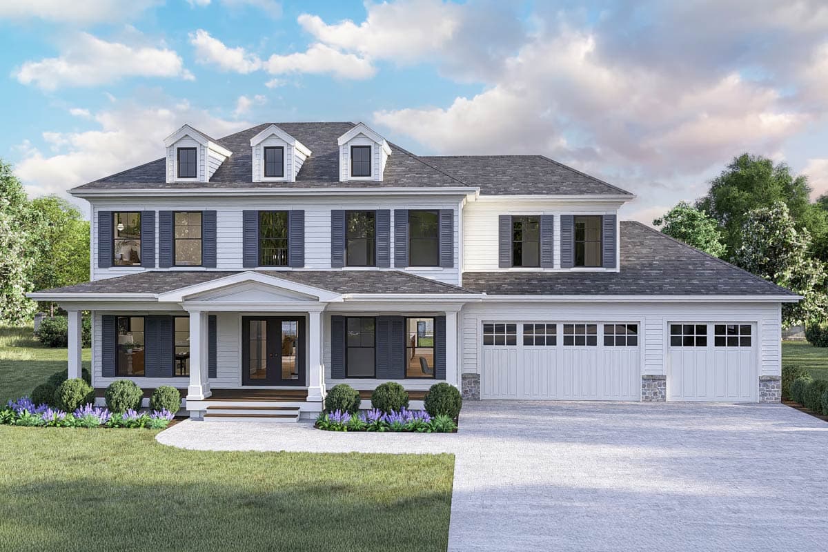 House plan exterior featuring a two-story Colonial style with a front porch, dormers, and a three-car garage.