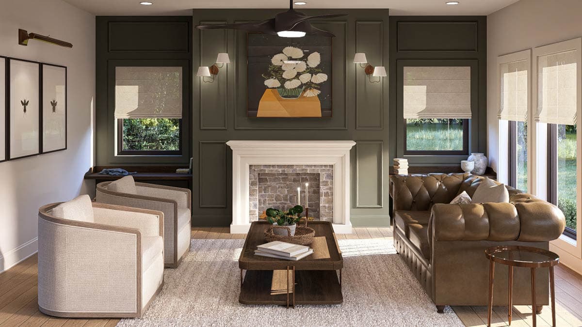 Living room with fireplace, tufted leather sofa, upholstered chairs, coffee table, and paneled walls.