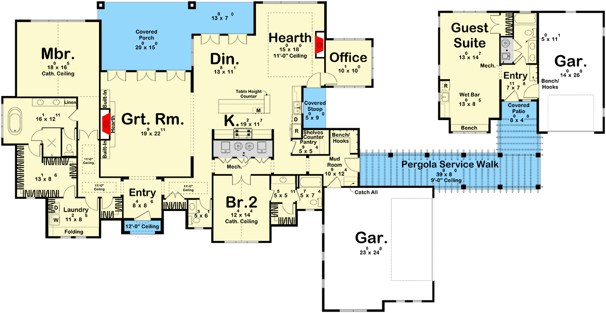 Plan 623490DJ: 3-Bedroom European House Plan with a Separate Guest Suite - 2997 Sq Ft - Floor Plan - Main Level - European, Transitional