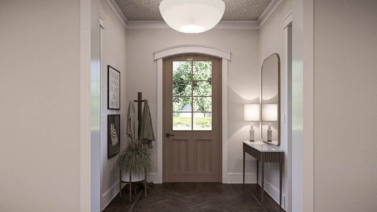 Interior rendering of a modern farmhouse entryway with a wood door, decorative ceiling, console table, and mirror.