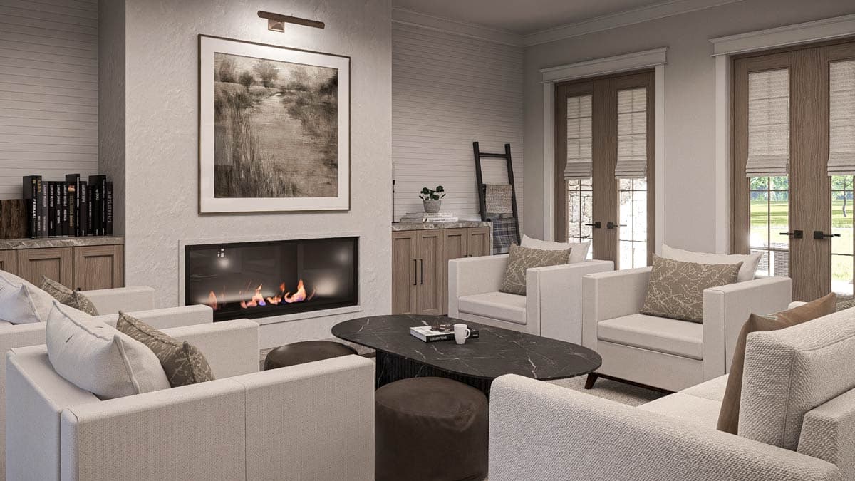 Living room rendering with fireplace, built-in shelving, and French doors leading outdoors. Modern furniture arrangement.